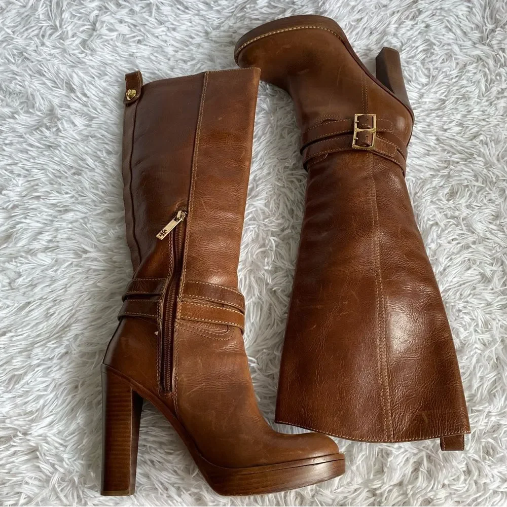 Tory Burch Brown Leather Platform Heels Boots with Ankle Straps Size 8 - Picture 6 of 11